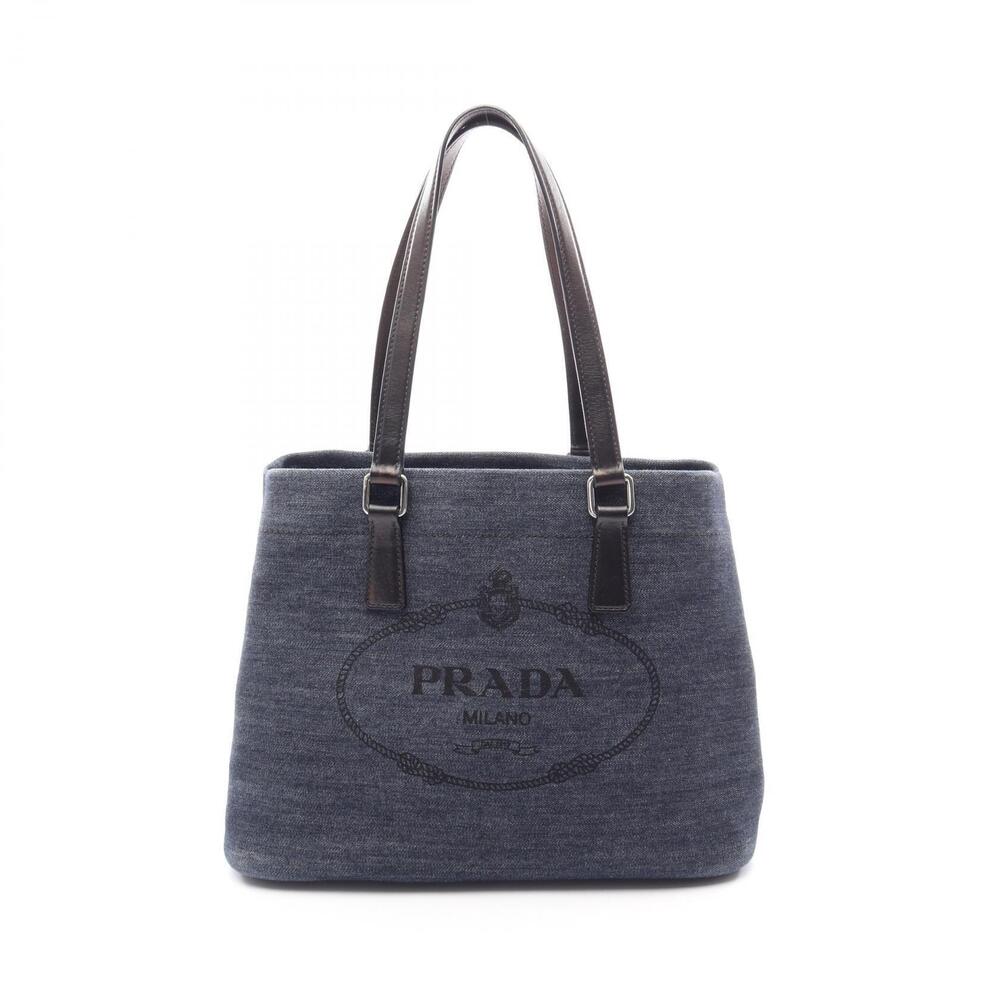 Prada DENIM VITELLO Tote Bag Leather Navy Blue Black